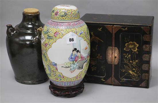 A Chinese jar and cover, a pottery vessel and a lacquer cabinet vase height 30cm